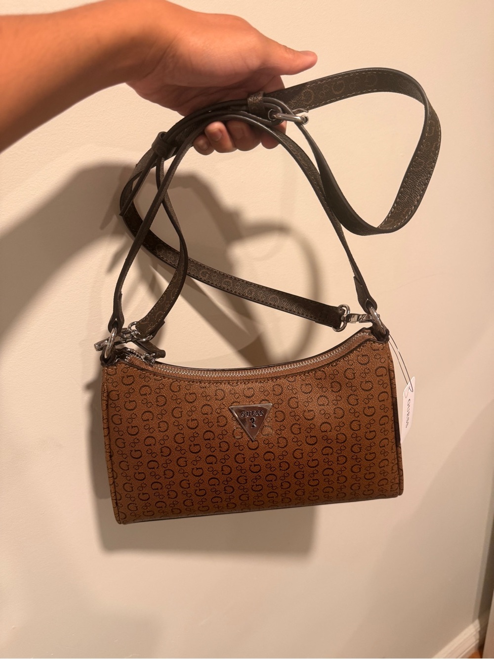 GUESS Brown Logo Print Convertible Crossbody Bag